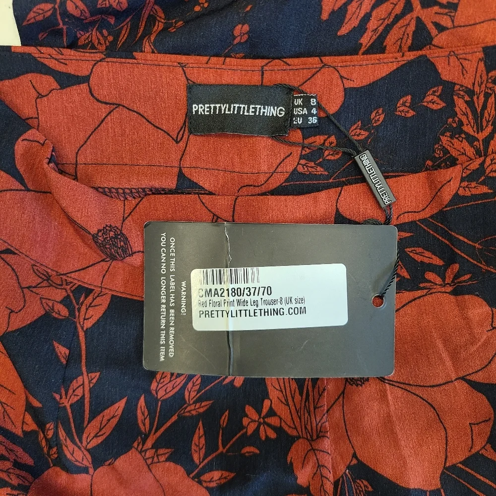 PrettyLittleThing Navy Rust Red Tropical Floral Print Flared Wide Leg Pants 4 - Picture 10 of 13